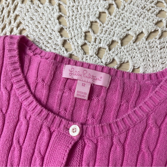Lilly Pulitzer Girls 12 Years Pink Cableknit Classic Cardigan Sweater - Picture 2 of 4